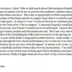 Edward Norton: Statement On HULK Casting “Hulk Is Bigger Than All Of Us”