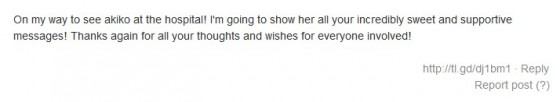 On my way to see akiko at the hospital! I'm going to show her all your incredibly sweet and supportive messages! Thanks again for all your thoughts and wishes for everyone involved!